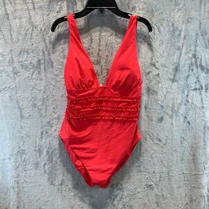 Mimi Flamingo Womens Red Ruffle V-Neck One Piece Swimsuit Size 10 900050231